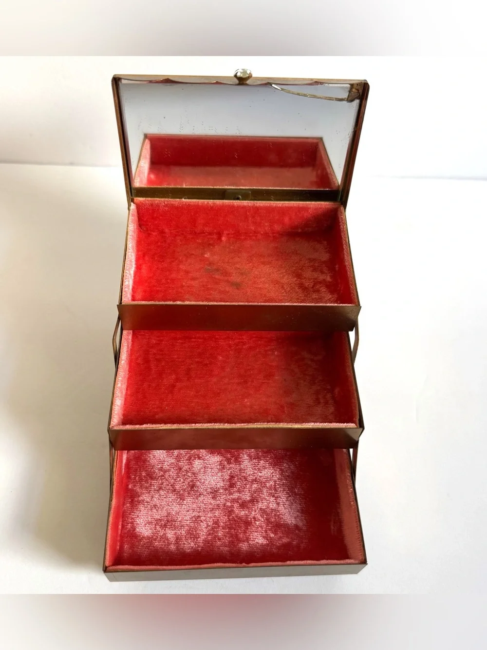 Vtg Brass Accordion Cantilever Jewelry Box Jeweled Rhinestone Hollywood Regency